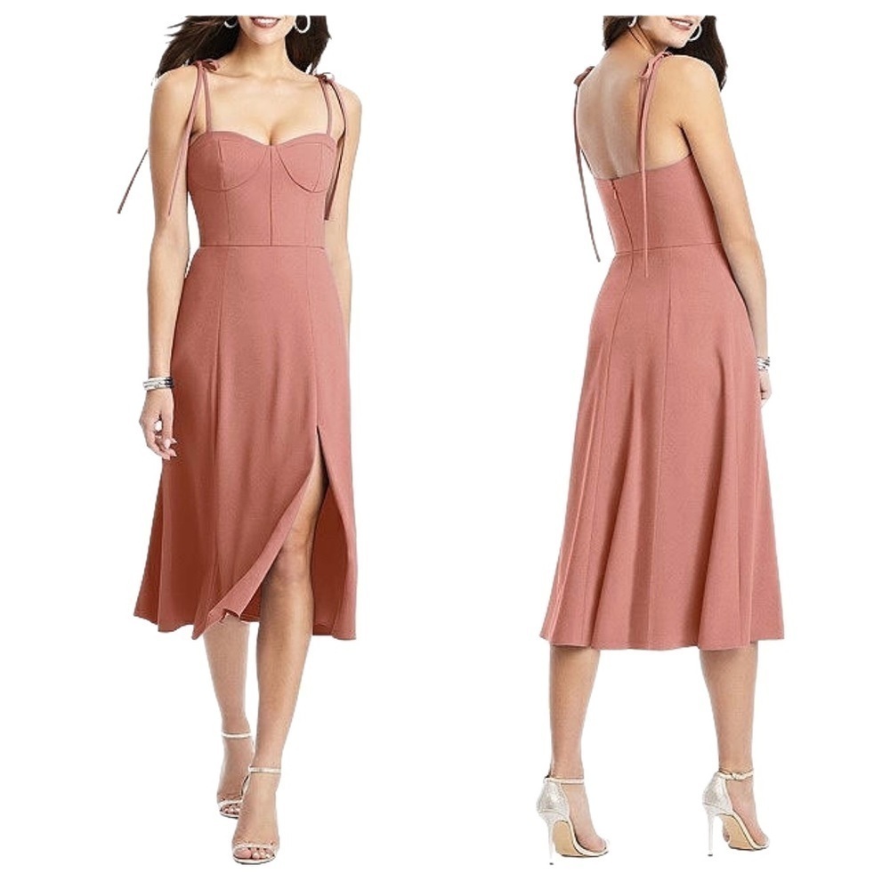 Dessy Collection Women’s Bustier Crepe Midi Dress Adjustable Bow Straps Pink 0